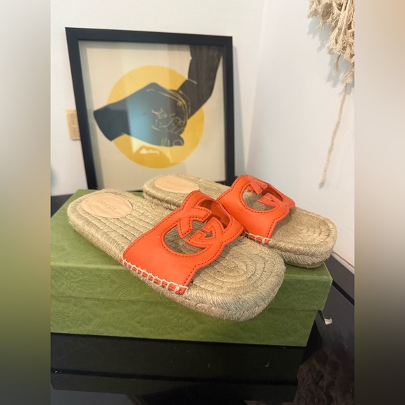 Gucci  Deep Orange G Interlocking Cut Out Espadrille Sandals -Box & Dust Bag 37 - Picture 1 of 10